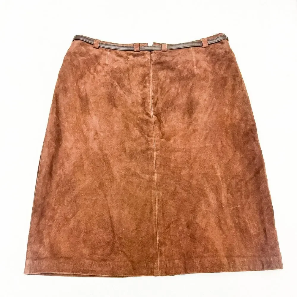 INC Suede Belted Leather Chocolate Brown Pencil Skirt Size 8